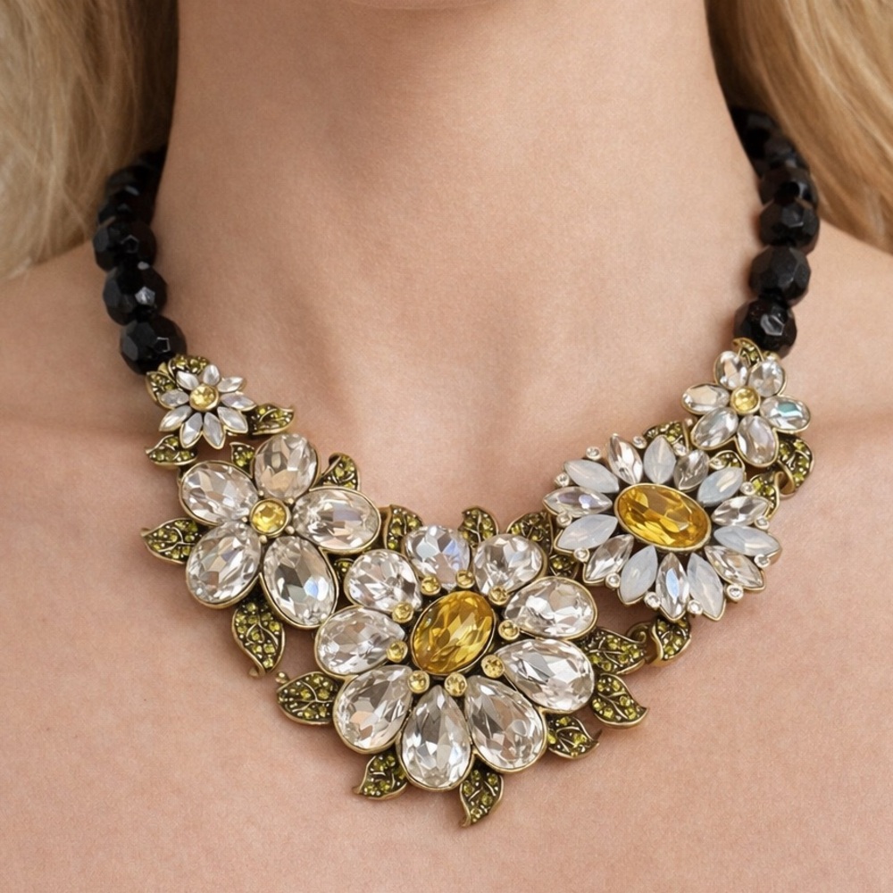 Heidi Daus Floral Statement Necklace - black, yellow, milky white & clear